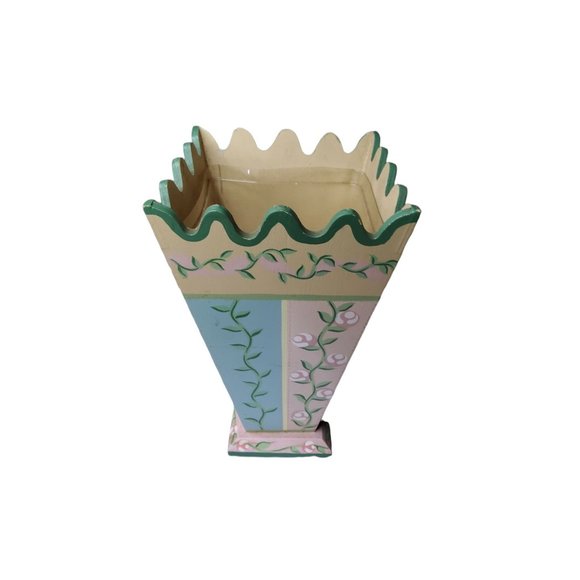 VTG Handpainted Floral Wooden Flower Vase in green, blue, and pink with plastic - Picture 3 of 4